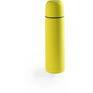 A drink bottle in vibrant yellow, featuring a sleek design and a logo on its body. Ideal for thermos use.