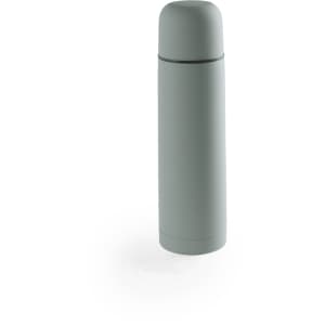 A drink bottle in a soft green colour, featuring a rounded cap and a simple design. It has a logo on the body.