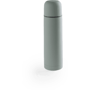 A drink bottle in a muted grey colour, featuring a sleek design and a rounded lid, with a logo.