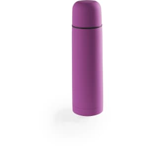 A drink bottle in vibrant purple, designed as a vacuum flask for keeping beverages hot or cold. Features a logo.