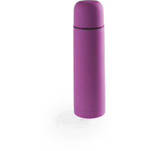 A drink bottle in a vibrant purple colour with a sleek design and a lid, featuring a logo.