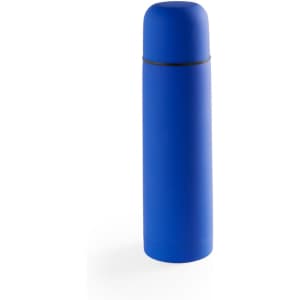A blue vacuum flask with a smooth finish and a rounded lid, featuring a subtle branding logo.