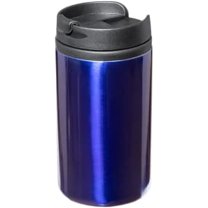 A drink bottle with a sleek blue exterior and a black lid, featuring a logo.