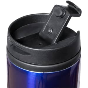 A travel mug with a black top and a shiny blue body, featuring a sliding lid and a logo.