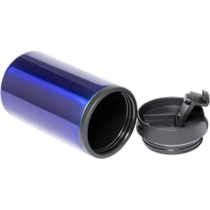 A drink bottle in a shiny blue finish with a black lid and spout. It has a sleek, insulated design.