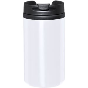 A drink bottle in white with a black lid, featuring a secure closure and a sleek design, includes a branding logo.