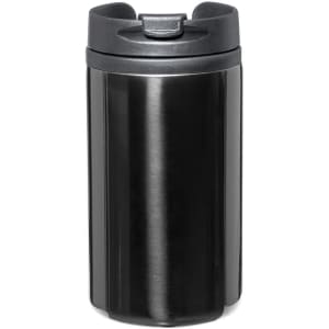 A black insulated travel mug with a secure lid, featuring a smooth and shiny finish. It includes a logo.