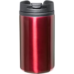 A drink bottle with a sleek, shiny red exterior and a black lid featuring a sip opening. It has a logo on the surface.