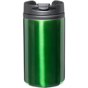 A green insulated cup with a black lid, featuring a sleek design and a logo. Ideal for travel and beverages.