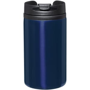 A drink bottle in a shiny navy blue finish with a black lid, featuring a logo on the surface.