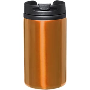 An orange insulated travel mug with a black lid and a sleek, shiny finish. It features a logo.