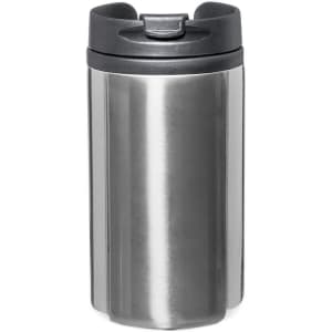 A stainless steel insulated travel mug with a black lid and a sleek, modern design.