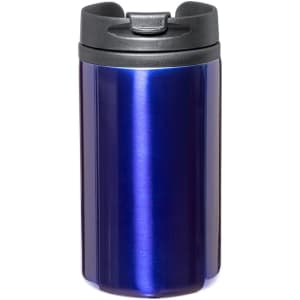 A drink bottle featuring a shiny blue body, topped with a black lid and a built-in drinking spout.