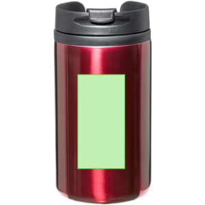 A travel mug in shiny red with a black lid, featuring a blank green area for customisation.