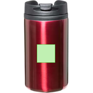 A travel mug in shiny red with a black lid and a blank green label for customisation. It has a logo on the side.