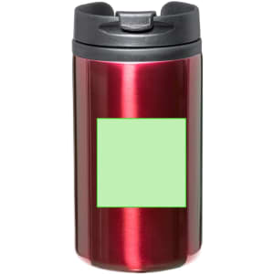 A drink bottle with a glossy red finish and a black lid, featuring a blank area for custom branding.