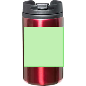 A drink bottle featuring a sleek, insulated design in red with a black lid and a blank green area for customisation.