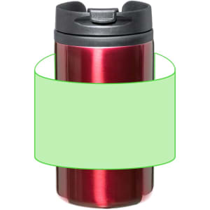 A drink bottle with a glossy red finish and a black lid, featuring a logo. Suitable for travel and insulation.