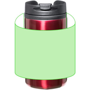 A travel mug in shiny red with a black lid, featuring a logo on its surface.