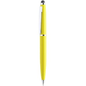 A bright yellow stylus touch ball pen with a chrome clip and tip. Features branding on the barrel.