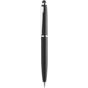 A black stylus touch ball pen with a sleek design and a silver accent. It features a branding logo.