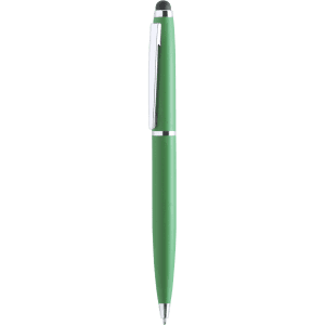 A green stylus touch ball pen with a silver clip, featuring a logo on the body.