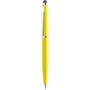 A yellow stylus touch ball pen with a shiny silver clip and tip, featuring a logo.