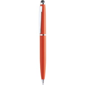 An orange stylus touch ball pen with a sleek design and silver accents. It features a logo on the barrel.