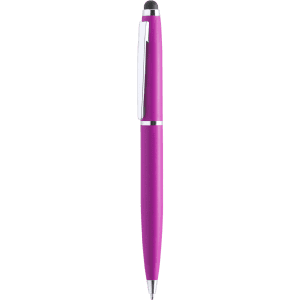 A pink stylus touch ball pen features a metal clip and a smooth finish, suitable for writing and touchscreen use.