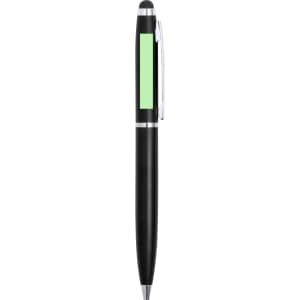 A black stylus touch ball pen featuring a green accent and a clip. It has a sleek and modern design.