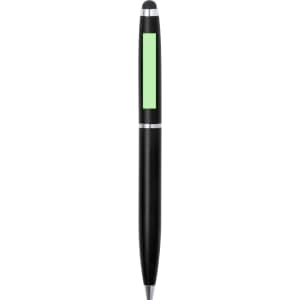 A black stylus touch ball pen with a green area and a silver band, featuring a branding logo.