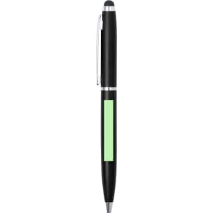 A black stylus touch ball pen with a green section and a silver clip, featuring a logo on its body.