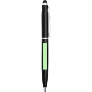 A black stylus touch ball pen featuring a green accent and a clip. It includes a branding logo.