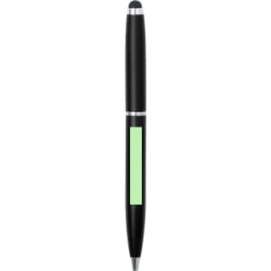 A black stylus touch ball pen with a green section and a silver band. The pen has a logo on it.