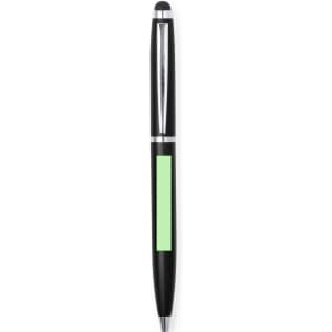 A black stylus touch ball pen featuring a green section and a silver clip, includes a branding logo.