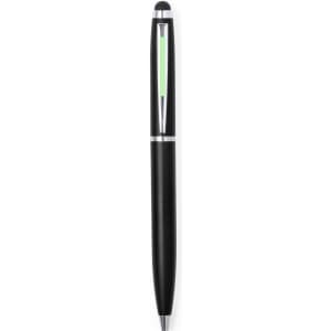 A black stylus touch ball pen with a silver accent and a transparent section. It features a logo on the clip.