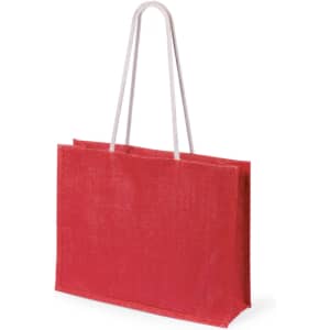 A red tote bag with two white handles, featuring a simple, unembellished design.
