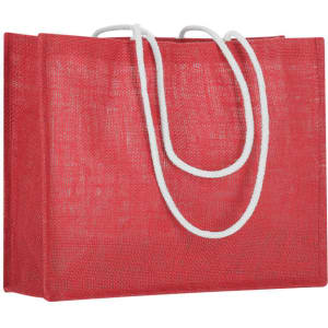 A red tote bag with white rope handles, featuring a textured surface and a branding logo.