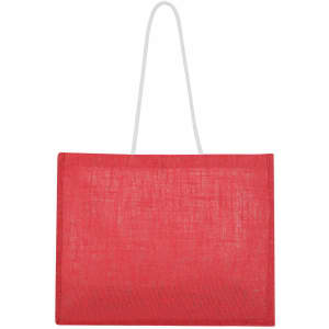 A red tote bag with white handles and textured fabric. It features a simple design and has a logo.