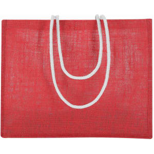 A red tote bag with white straps, featuring a textured fabric and a simple design.