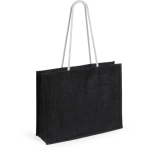 A black tote bag with white handles and a simple design, featuring a logo on one side.