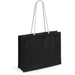 A black tote bag with white handles, featuring an interior compartment and a logo.