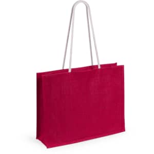 A red tote bag with white handles, featuring a simple design and a branding logo.