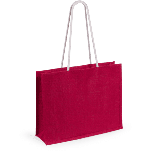 A red tote bag with white handles, featuring a simple design and no visible branding.