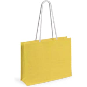 A yellow tote bag with white handles, featuring a simple design and no visible text or patterns.