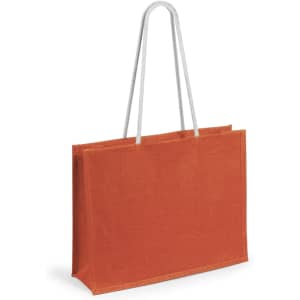 An orange tote bag with grey handles and a simple design. It features a logo on one side.