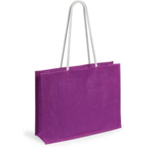 A purple tote bag with grey handles and a simple design, featuring a logo on one side.
