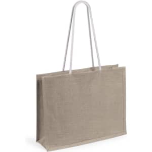 A tan tote bag with white handles, featuring a simple design and a logo on one side.