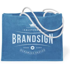 A blue tote bag with rope handles and a logo on the front. Made from durable material.