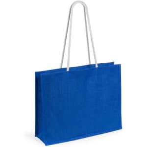 A blue tote bag with two light grey handles. The bag features a logo on one side.